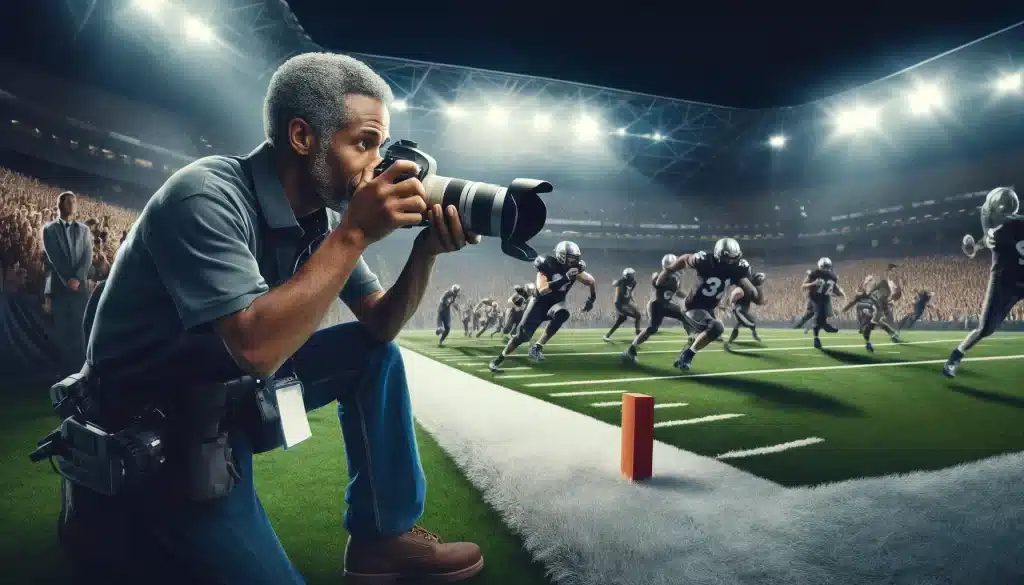 Photojournalist capturing intense moments at a football game, highlighting the dynamic roles and challenges in sports photojournalism.