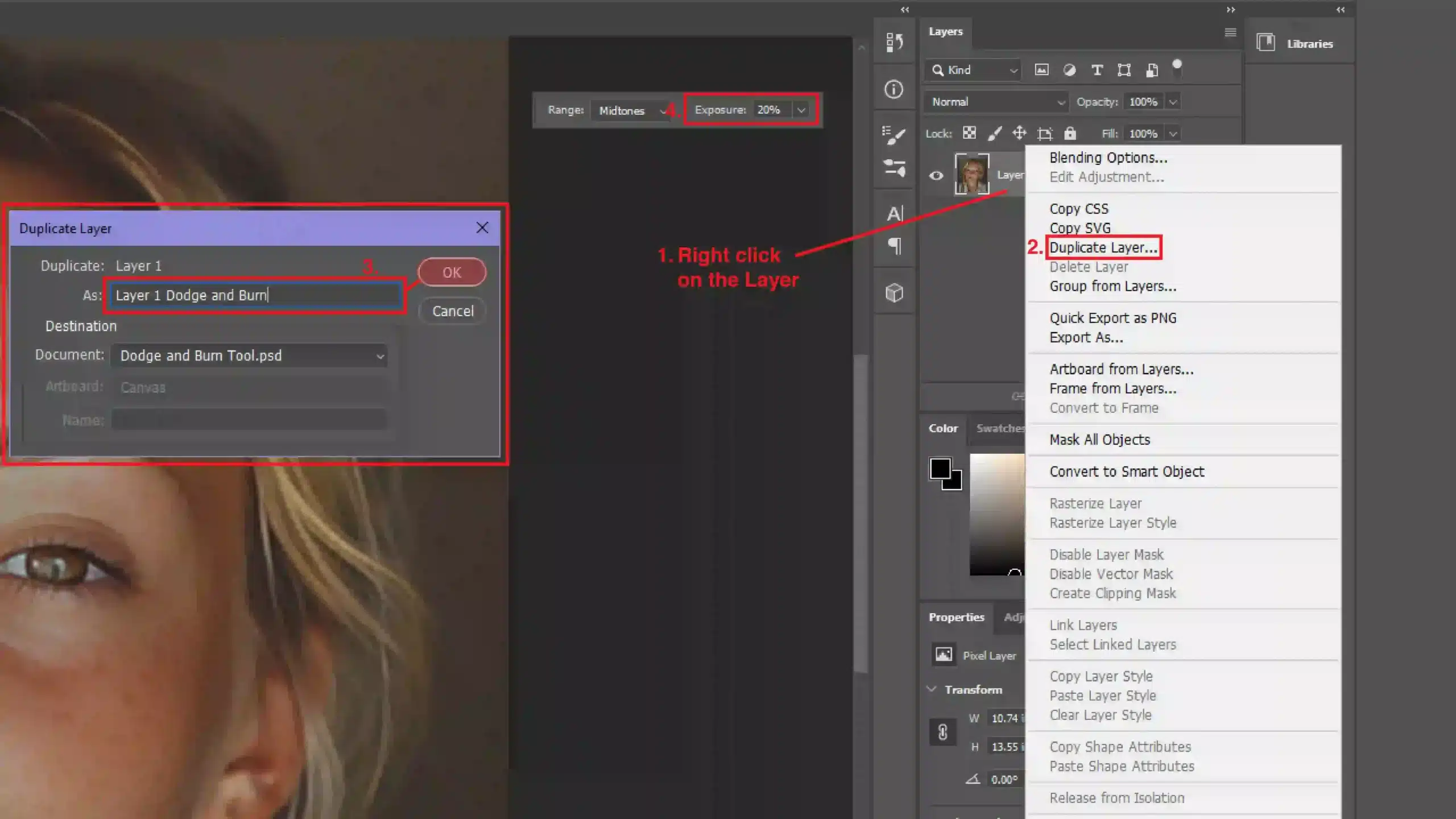 The screenshot shows the Photoshop interface, highlighting the Brush Tool and Dodge and Burn icons, along with annotations explaining their settings and usage for enhancing image details and contrasts.