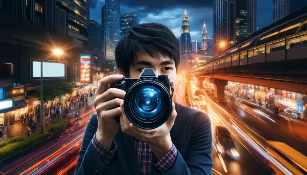 Young Asian photojournalist capturing a bustling city scene at dusk using advanced digital camera technology.