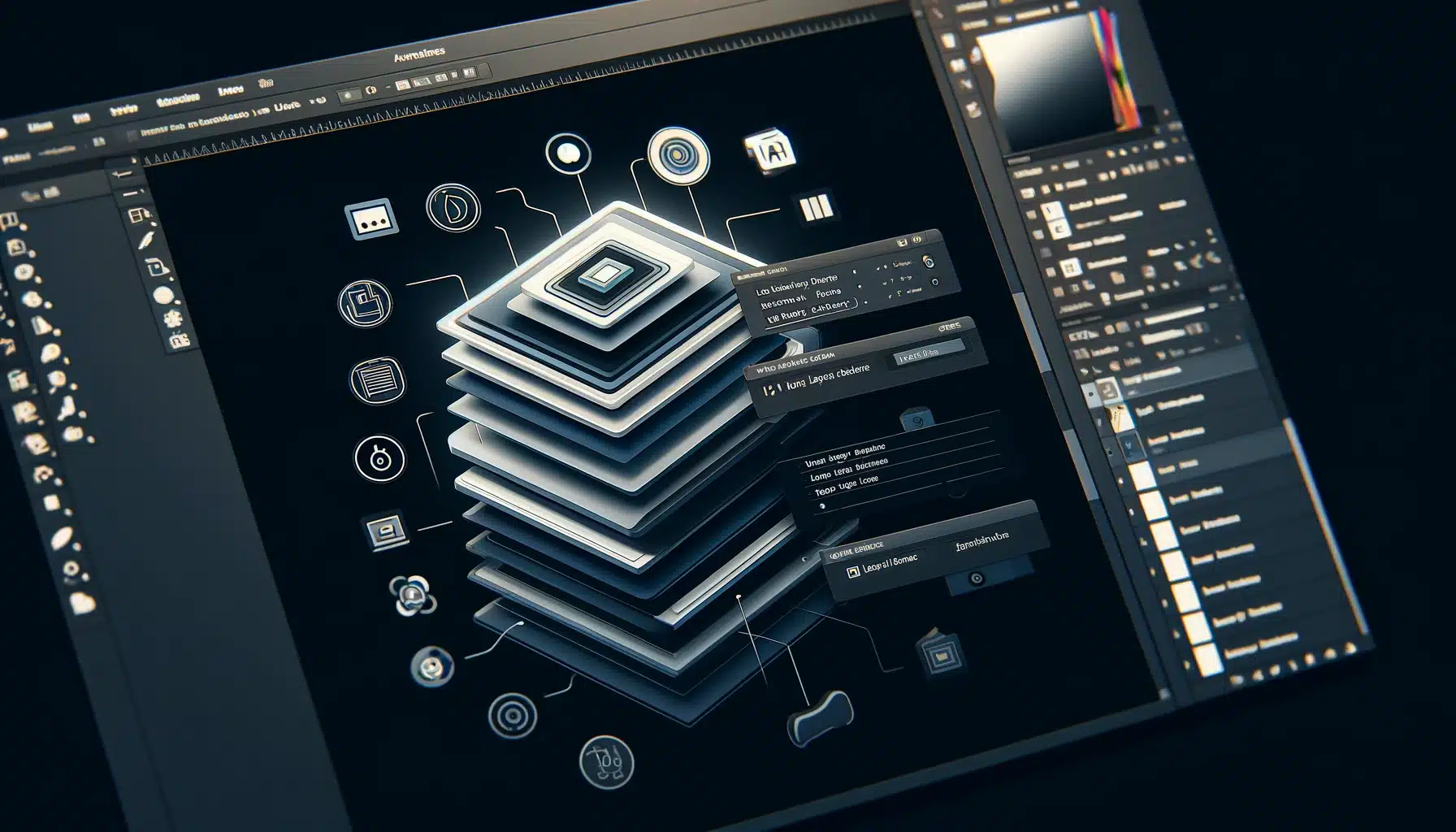 Detailed view of the layers panel in Adobe PS showing various layer types and management tools.