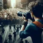 Photojournalist capturing a peaceful protest, highlighting the pivotal role of photojournalism in documenting historical events.
