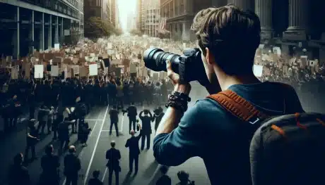 Photojournalist capturing a peaceful protest, highlighting the pivotal role of photojournalism in documenting historical events.