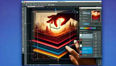 Adobe Photoshop interface showing the resizing of layers with transformation tools and adjustment settings.