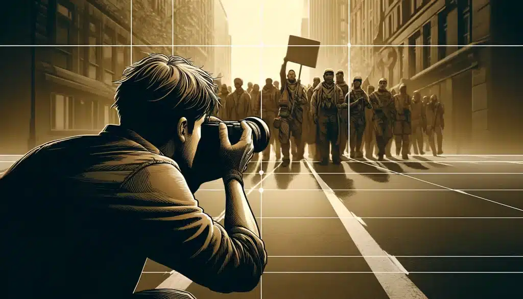 Male photojournalist using the rule of thirds to capture a protest in an urban setting.