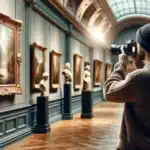 Fine art photography in a musuem or art gallery, one taking a photograph with a high-quality camera while the subject with props and creative lighting.