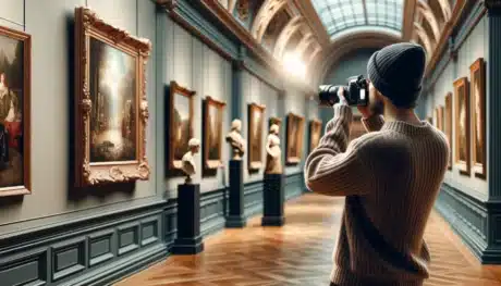 Fine art photography in a musuem or art gallery, one taking a photograph with a high-quality camera while the subject with props and creative lighting.