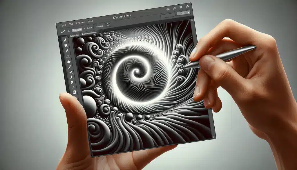 A photo editor applies Twirl and Spherize distort filters to an image in Photoshop, creating a surreal swirl effect.