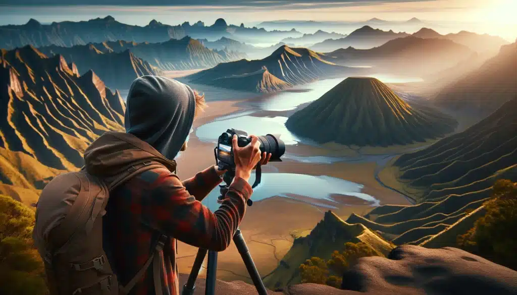Travel photographer capturing a scenic landscape with a DSLR camera