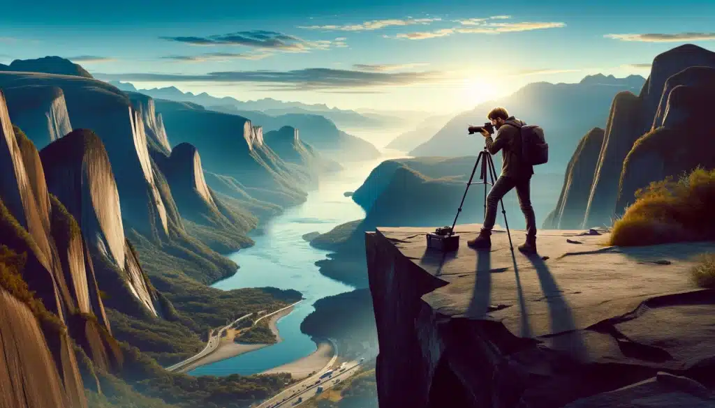 Travel photographer capturing a panoramic view from a cliff at sunrise.
