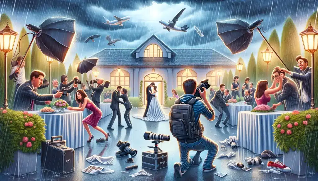 Photographer facing challenges such as bad weather, difficult lighting, and uncooperative guests during a wedding shoot.