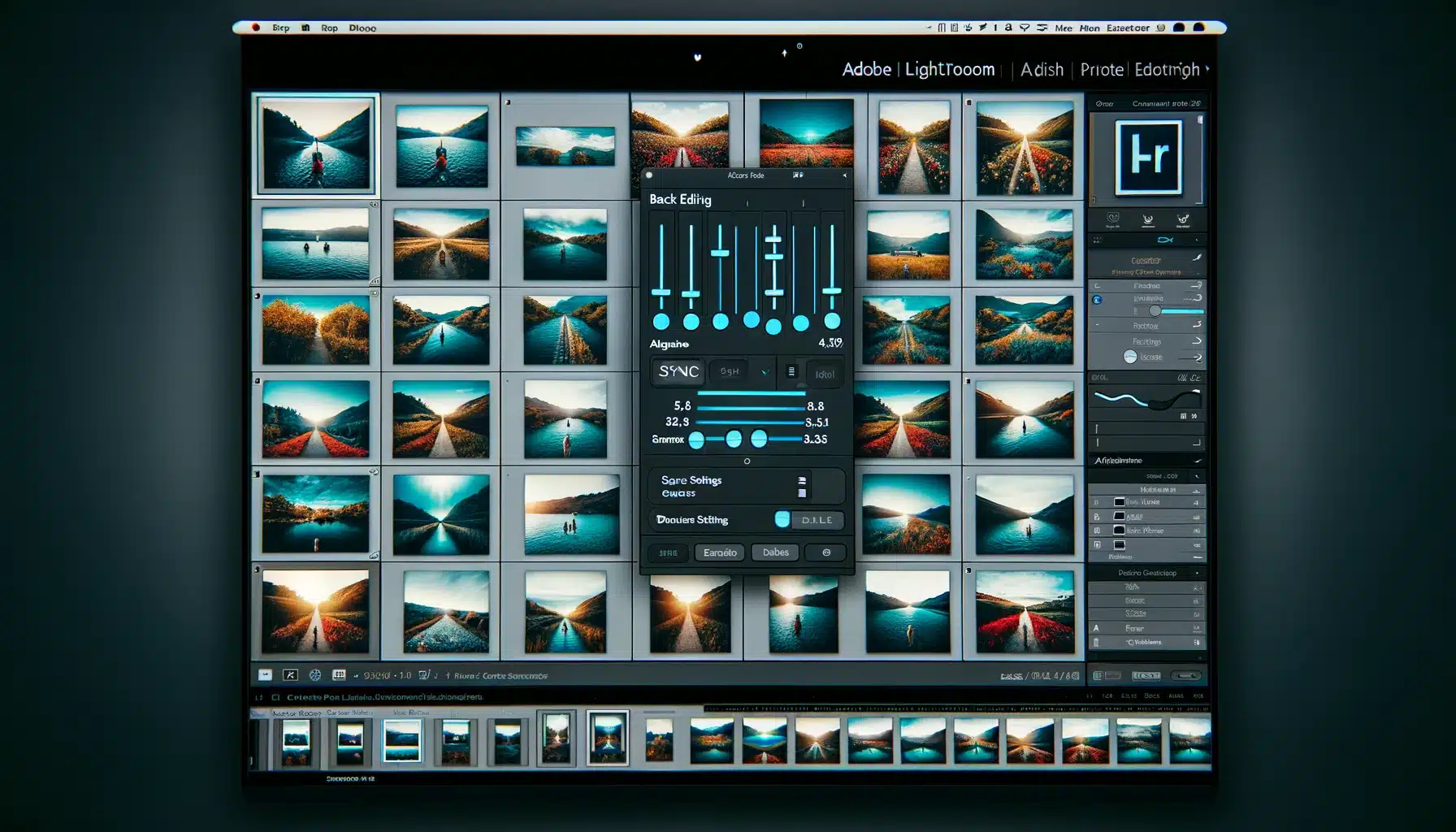 Adobe Lightroom interface showcasing batch editing with multiple image thumbnails and adjustment tools.