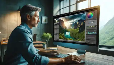 Professional photographer using Adobe Lightroom to edit a vibrant landscape photo in a modern office.