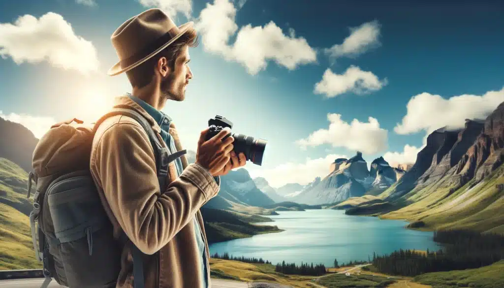 Travel photographer in casual attire capturing a breathtaking mountainous landscape.