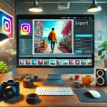 A vibrant scene where a photographer exports a photo from Adobe Lightroom to Instagram, with Lightroom export settings visible on the screen. The colorful workspace includes photography equipment and a creative atmosphere, reflecting the process of preparing images for Instagram.