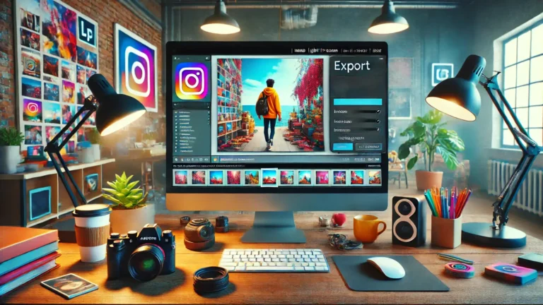 A vibrant scene where a photographer exports a photo from Adobe Lightroom to Instagram, with Lightroom export settings visible on the screen. The colorful workspace includes photography equipment and a creative atmosphere, reflecting the process of preparing images for Instagram.