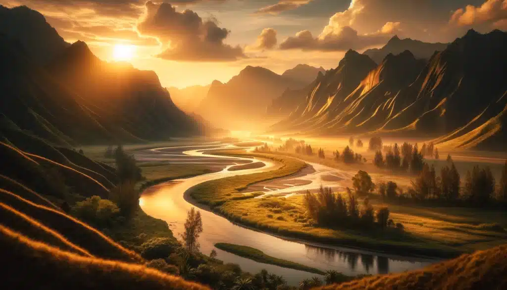 Golden hour landscape with river and mountains