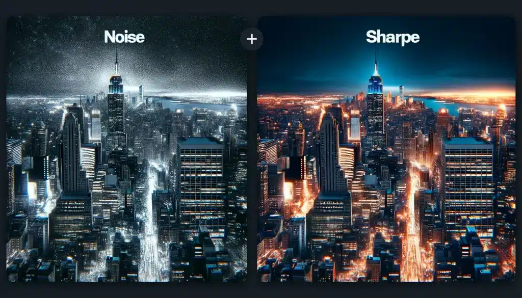 Comparison of photo effects with left side showing excessive noise and right side after noise reduction and sharpening in a cityscape at night.
