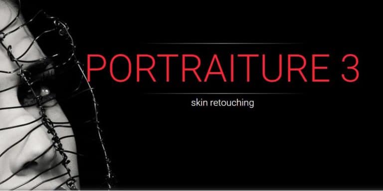 Portraiture 3 logo with the tagline 'skin retouching' over a dramatic black and white photo emphasizing detailed skin texture.