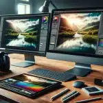 Professional photo editing workspace with dual monitors, editing software, digital tablet, DSLR camera, and printed landscape photograph.