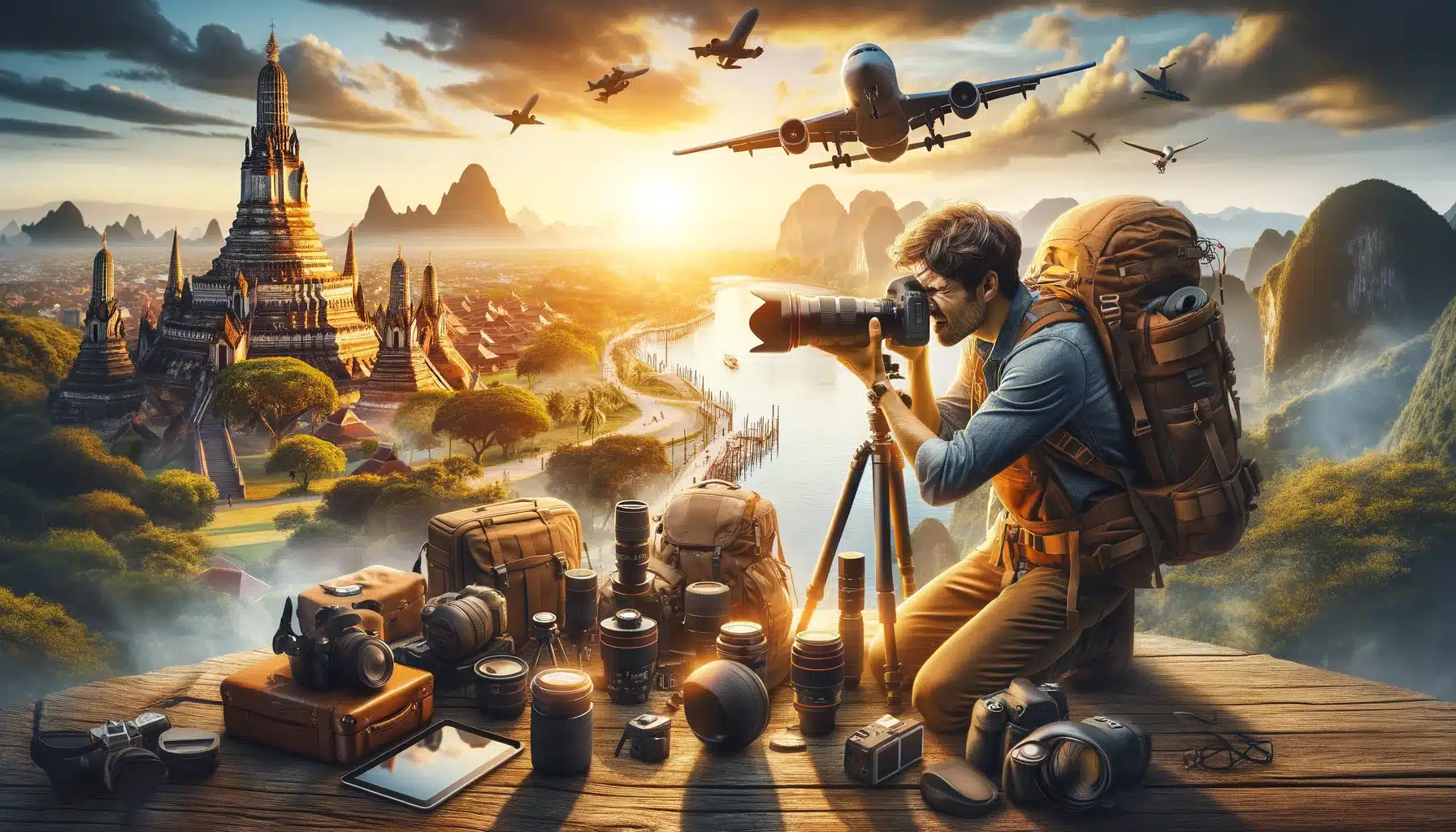 Travel photographer with extensive equipment capturing an exotic landscape at golden hour.