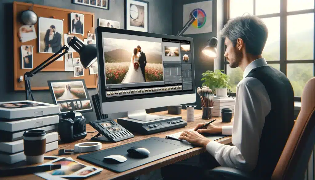 Photographer editing wedding photos on a computer, surrounded by professional editing tools in a creative workspace.