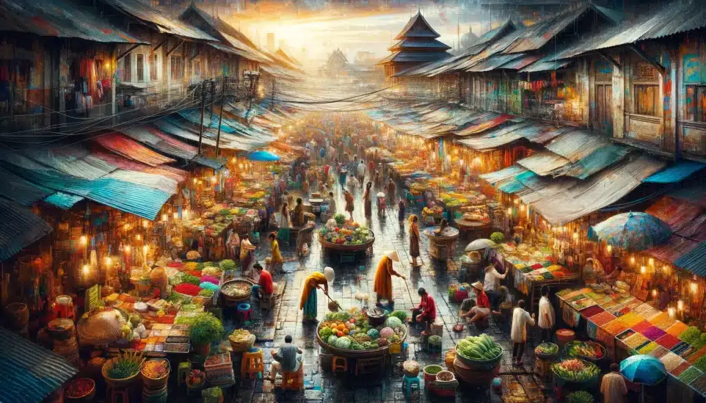 Bustling market scene in a travel destination showcasing colorful stalls and lively interactions among locals.