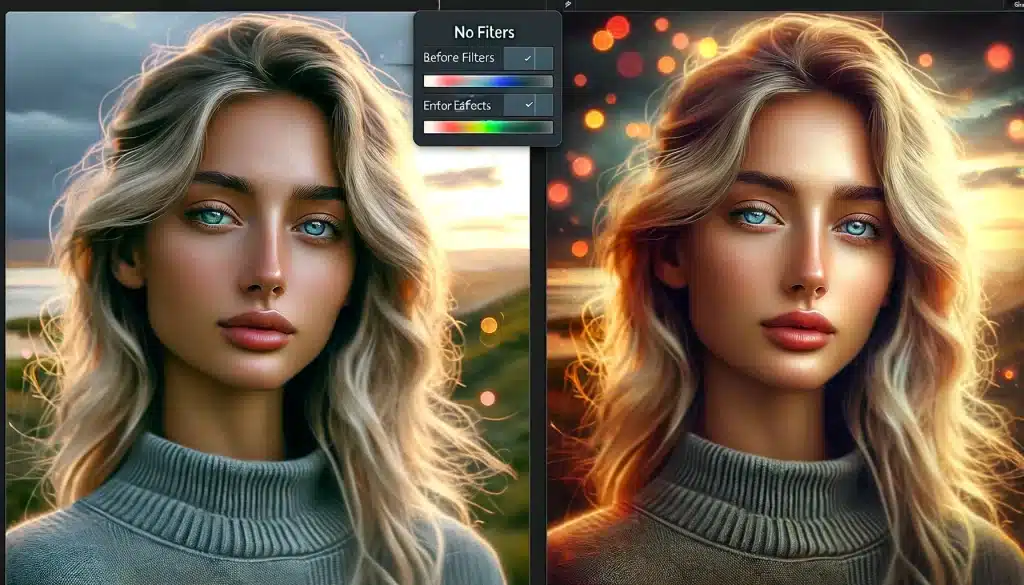 Before and after portrait showing the transformation with photo editing filters and effects.
