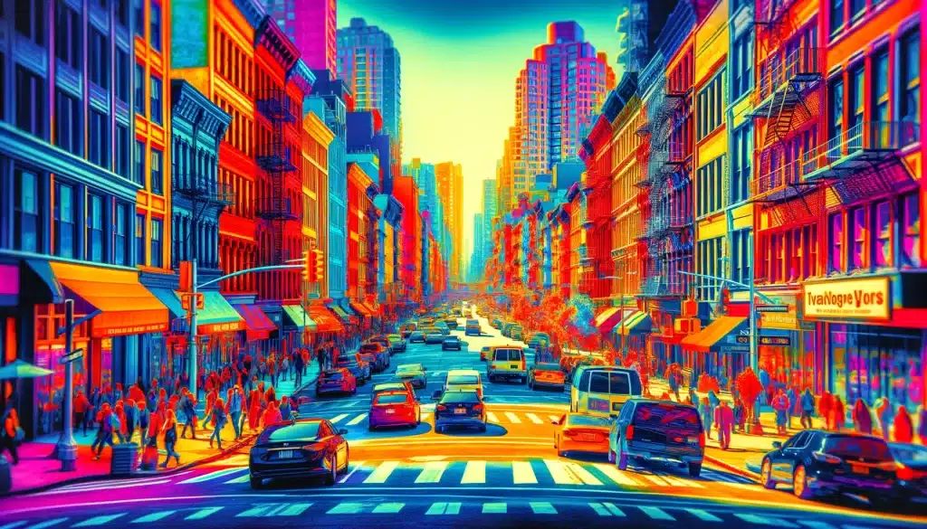 Overly saturated image of a bustling city street at midday, with vibrant, intense colors enhancing the buildings, cars, and people.