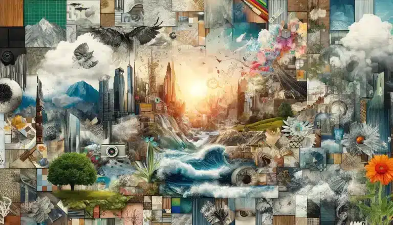 Intricate digital collage combining cityscape, nature scenery, and abstract elements