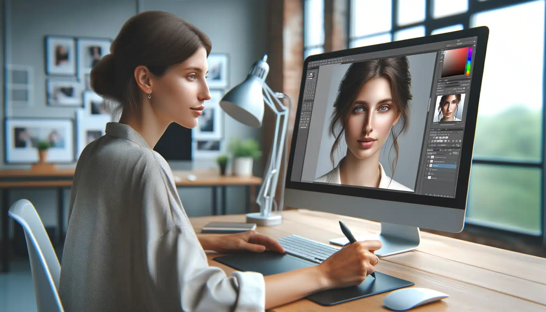 Digital artist enhancing a portrait photo using skin smoothing techniques in Photoshop on a computer