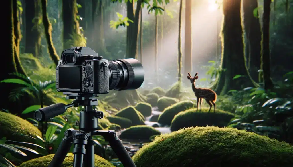 The image showcases an APS-C setup in a forest setting, where the camera, equipped with a telephoto lens and mounted on a tripod.