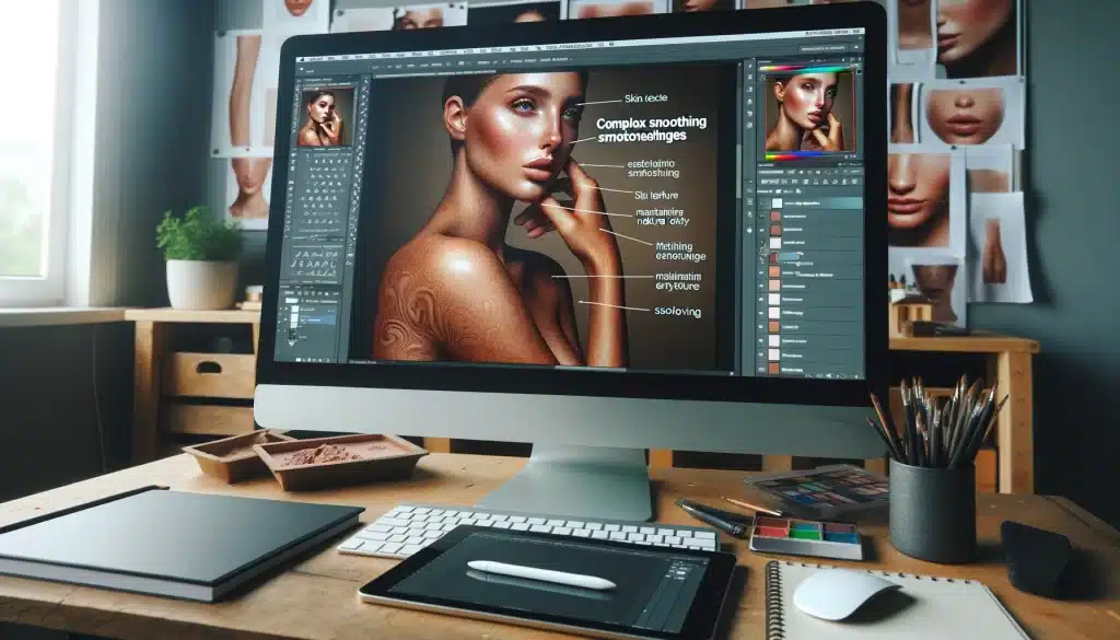 Photoshop workspace with a display of advanced skin retouching techniques and problem-solving notes
