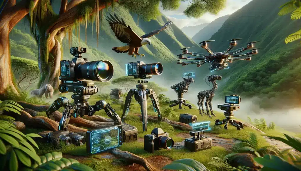 Futuristic gear with AI cameras, AR viewfinders, drones, and robotic mounts in a natural setting, indicating the future advancements in technology.