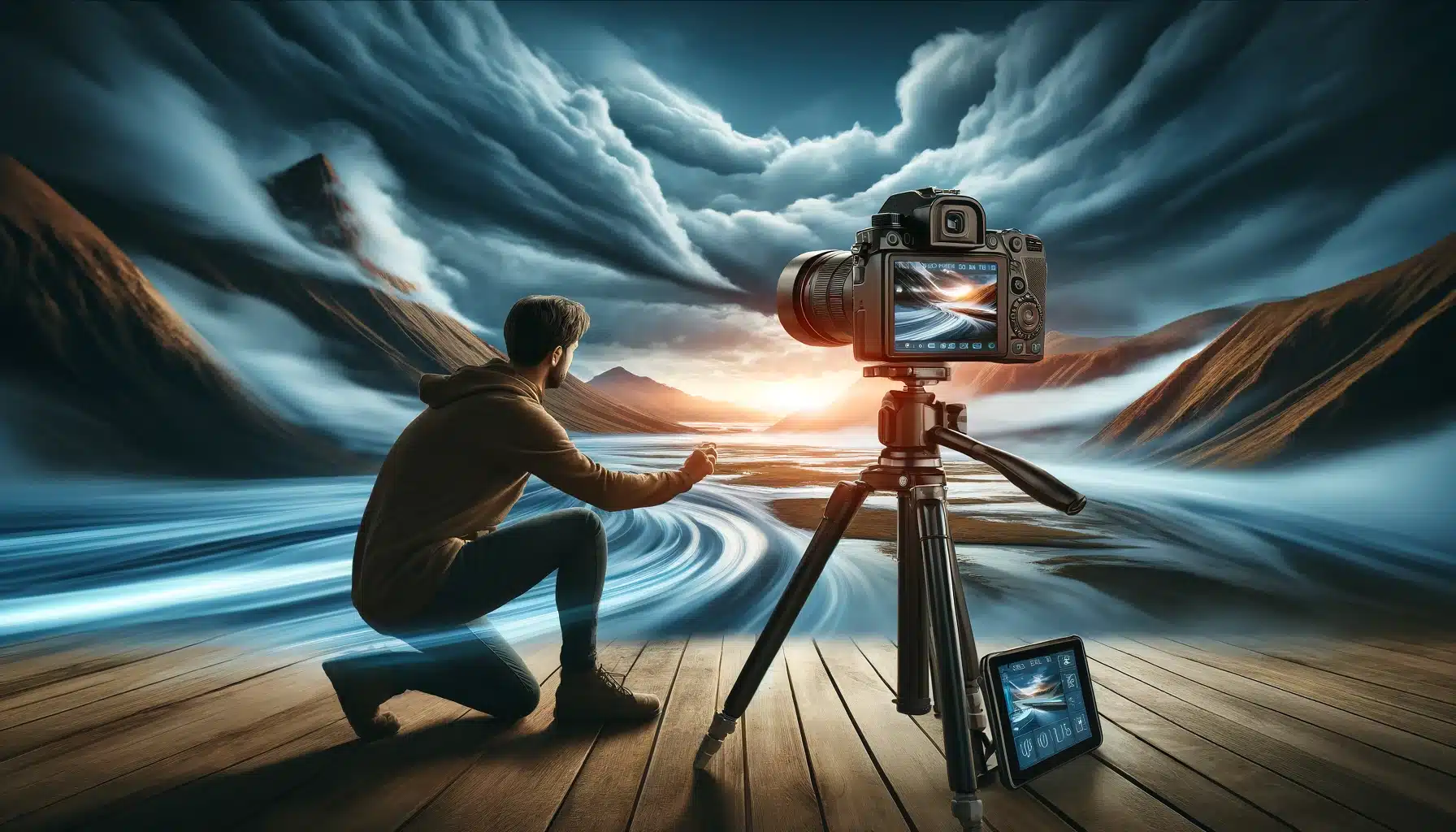 Photographer using long exposure and HDR techniques to capture a dynamic landscape.
