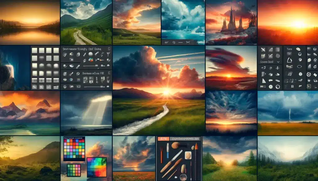 Collage of Photoshop features for advanced landscape photo editing