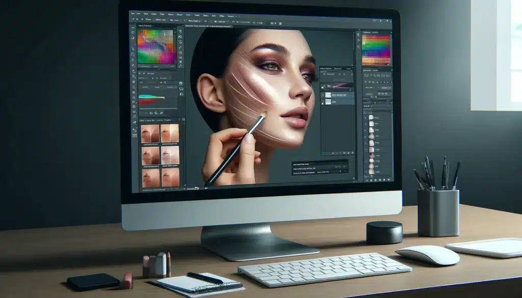 Detailed Photoshop editing showing advanced skin smoothing tools