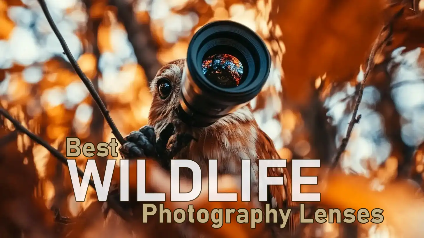 Owl holding a camera lens in a forest, symbolizing the importance of selecting the best outdoor imaging optics for capturing nature