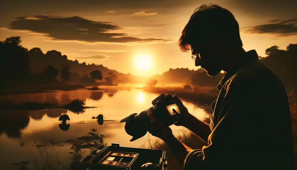 Wildlife photographer examining photos on camera against a backdrop of a sunset in nature.