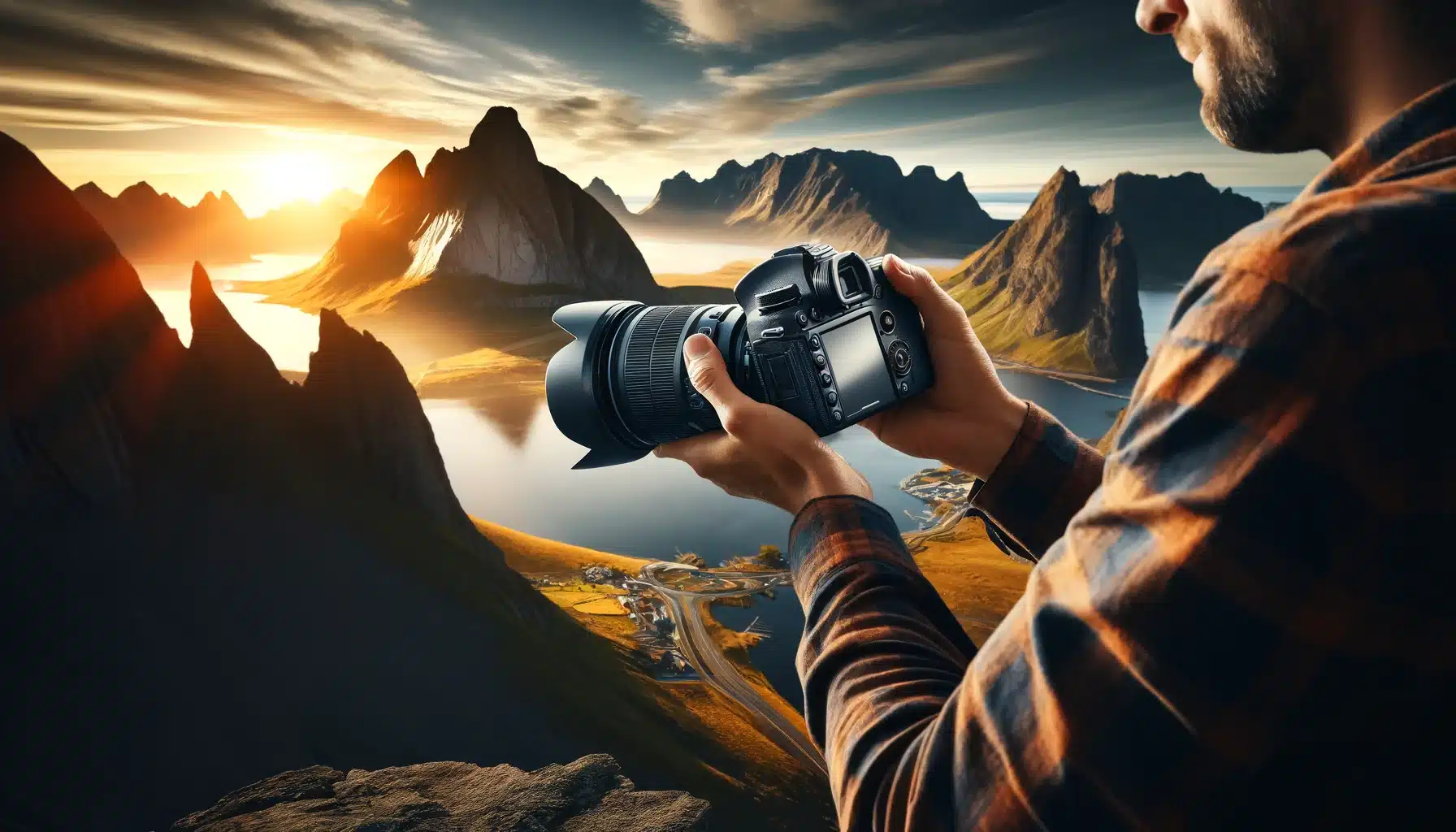 Photographer using a high-end camera to capture a scenic mountain landscape.