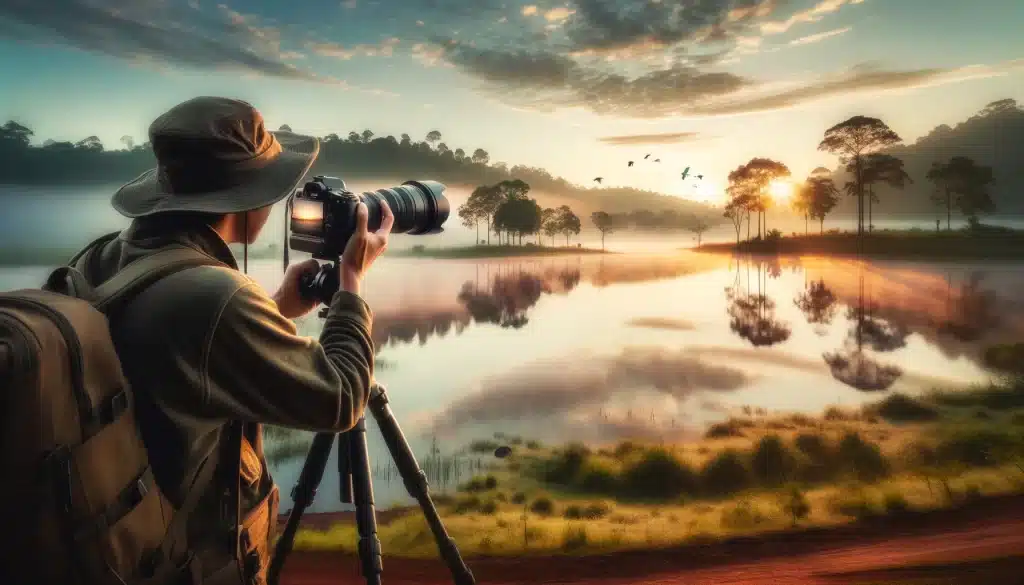 Wildlife photographer using an APS-C camera to capture a serene lakeside landscape in the early morning light.