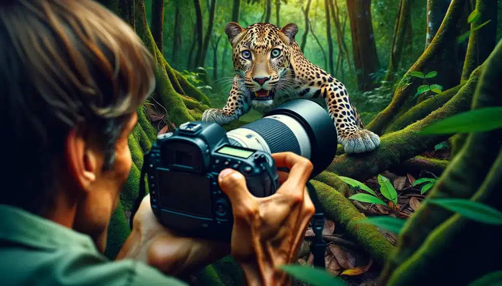 Wildlife photographer capturing a dynamic shot of a leopard mid-pounce in a dense forest, highlighting the precision and timing in wildlife photography.