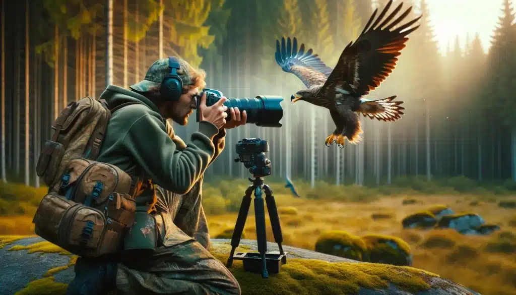 Professional photographer in camouflage capturing a flying eagle in a forest.