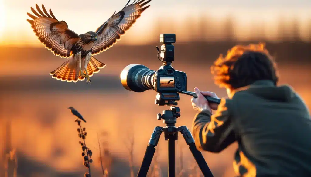 Wildlife photographer capturing a hawk in flight during golden hour with a telephoto lens and tripod in a natural habitat.