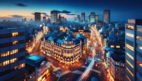 Urban landscape at twilight with historic and modern buildings illuminated, bustling streets, and a fading blue evening sky