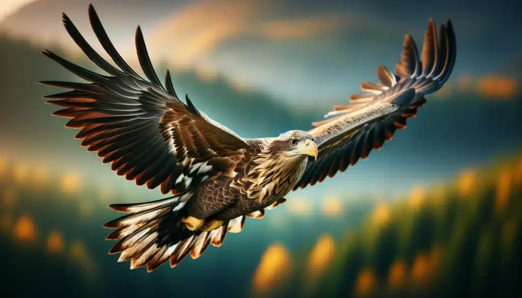 harp photograph of a majestic eagle in flight by a wildlife photographer, with detailed feather and eye clarity against a blurred natural background.