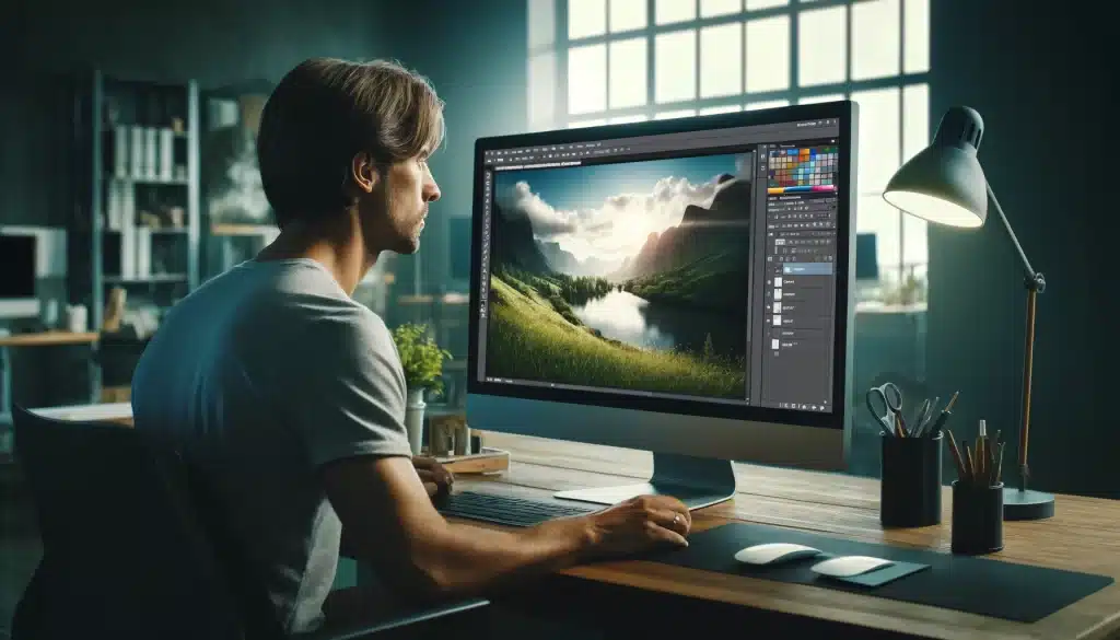 A graphic designer editing a landscape scene online on a software.