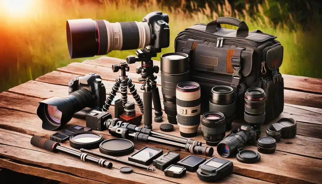 Comprehensive set of wildlife photography gear including DSLR camera, telephoto lens, tripod, monopod, various lenses, and accessories in an outdoor setting.