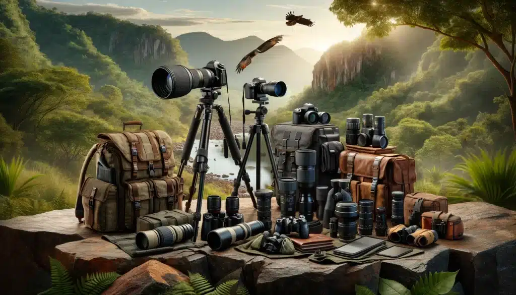 Wildlife photography accessories like tripods, lenses, and protective gear, displayed in a natural outdoor setting.