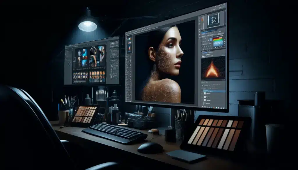 High-tech photo editing setup displaying advanced skin retouching methods on dual monitors