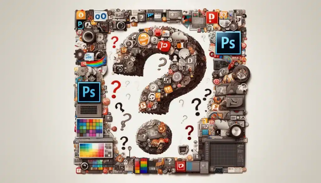 Collage of question marks integrated with Photoshop tools and palettes